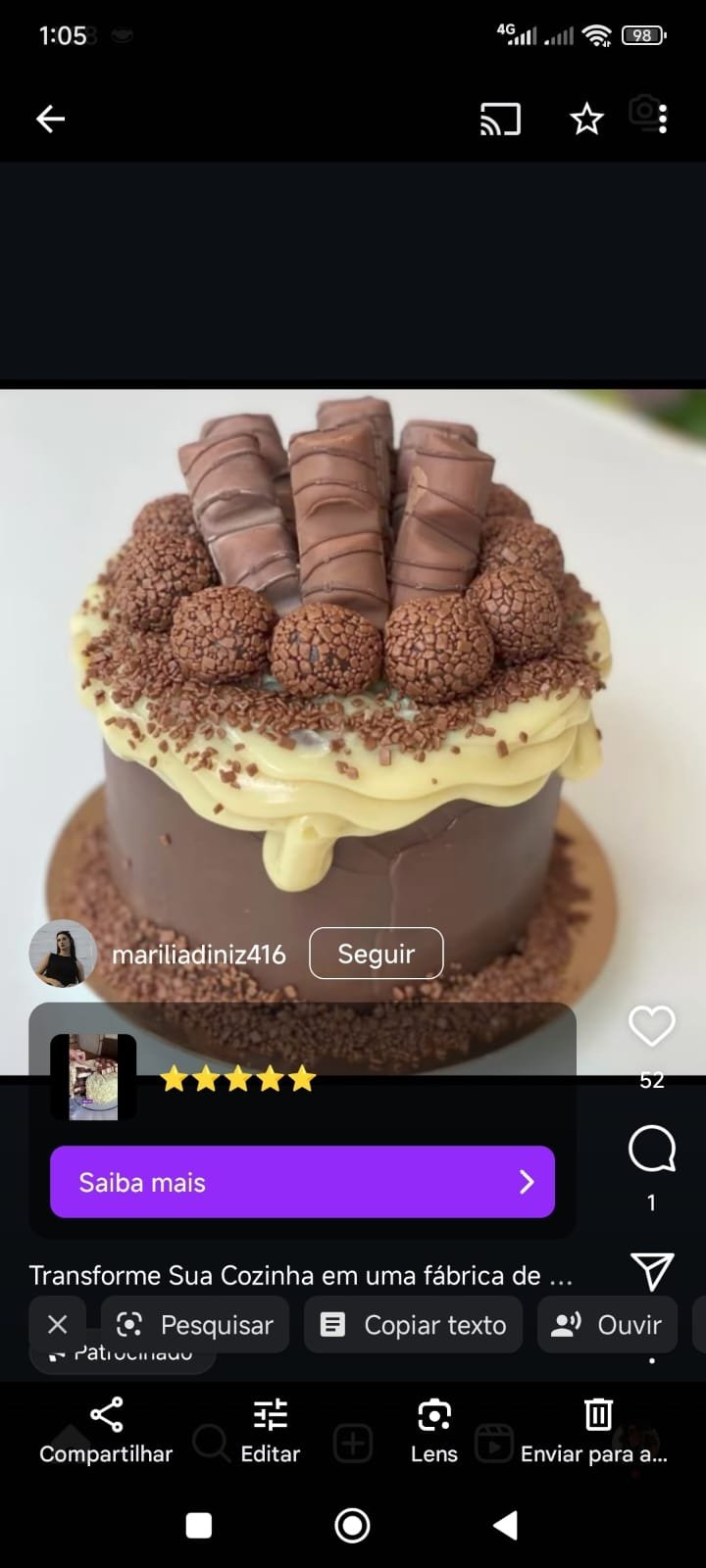 Bolo com ganache kinder bueno